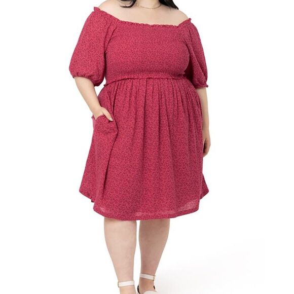 Kindred Bravely Madeline Smocked Puff Sleeve Nursing Dress Sz L Raspberry Floral - Picture 1 of 14
